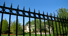 Camelot Aluminum Commercial Fencing With Decorative Gold Finials and Circle Enhancements