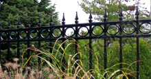 Camelot Black Metal Commercial Fence Panels With Decorative Finials and Optional Circle Enhancements