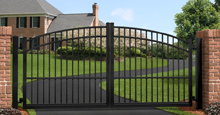 Black San Marino Aluminum Gate With Stonecliff Sunrise Gate Arch