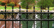 Providence Black Metal Pool Fence Panels With Historic Fleur de Lis Finials and Decorative Circles